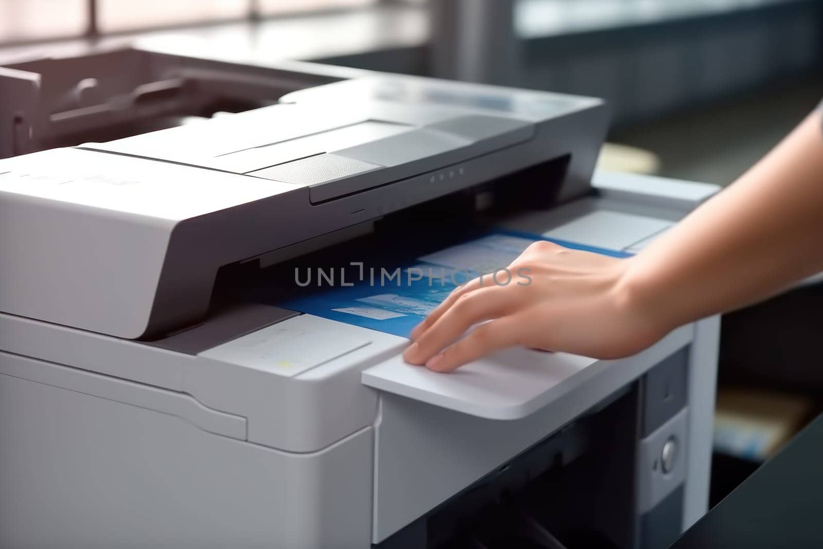 Photo of office's people using multifunction printer.