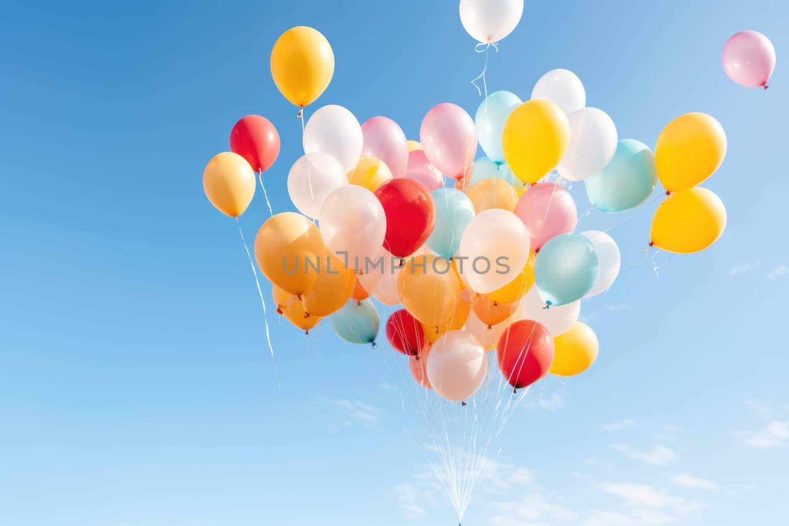 Colorful balloons floating against a clear blue sky, Generative AI.