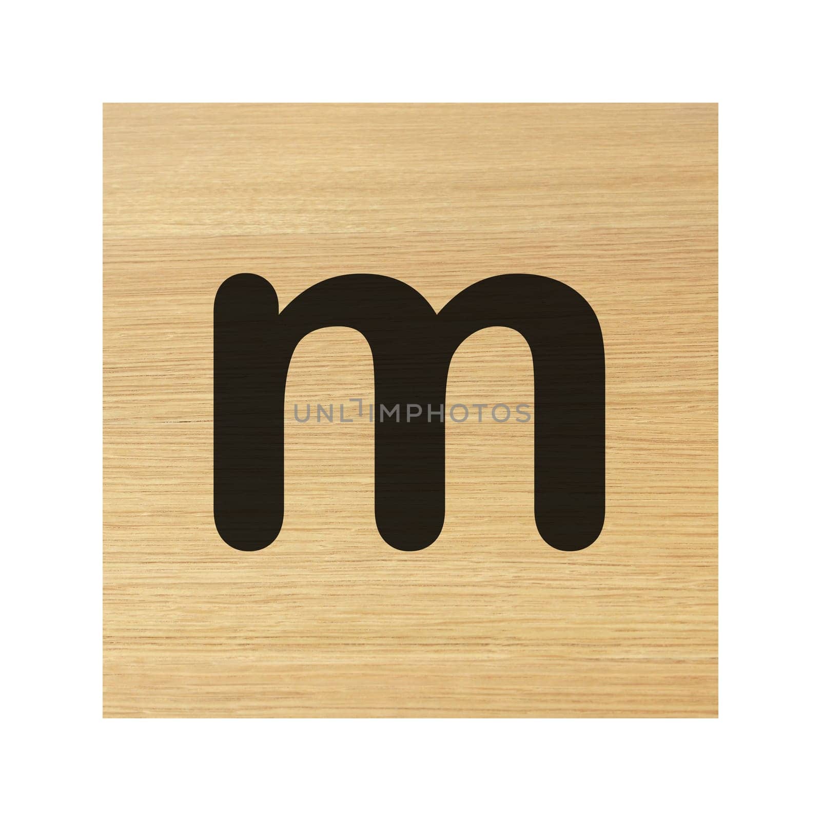 A lower case m wood block on white with clipping path