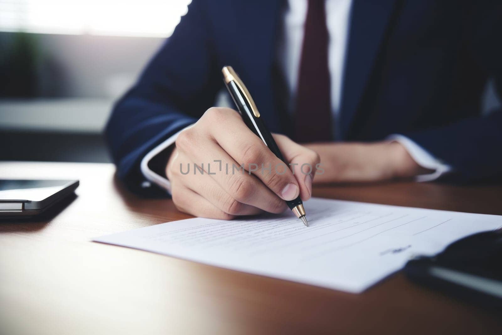 Close up a hand signing the document at the table on office room.