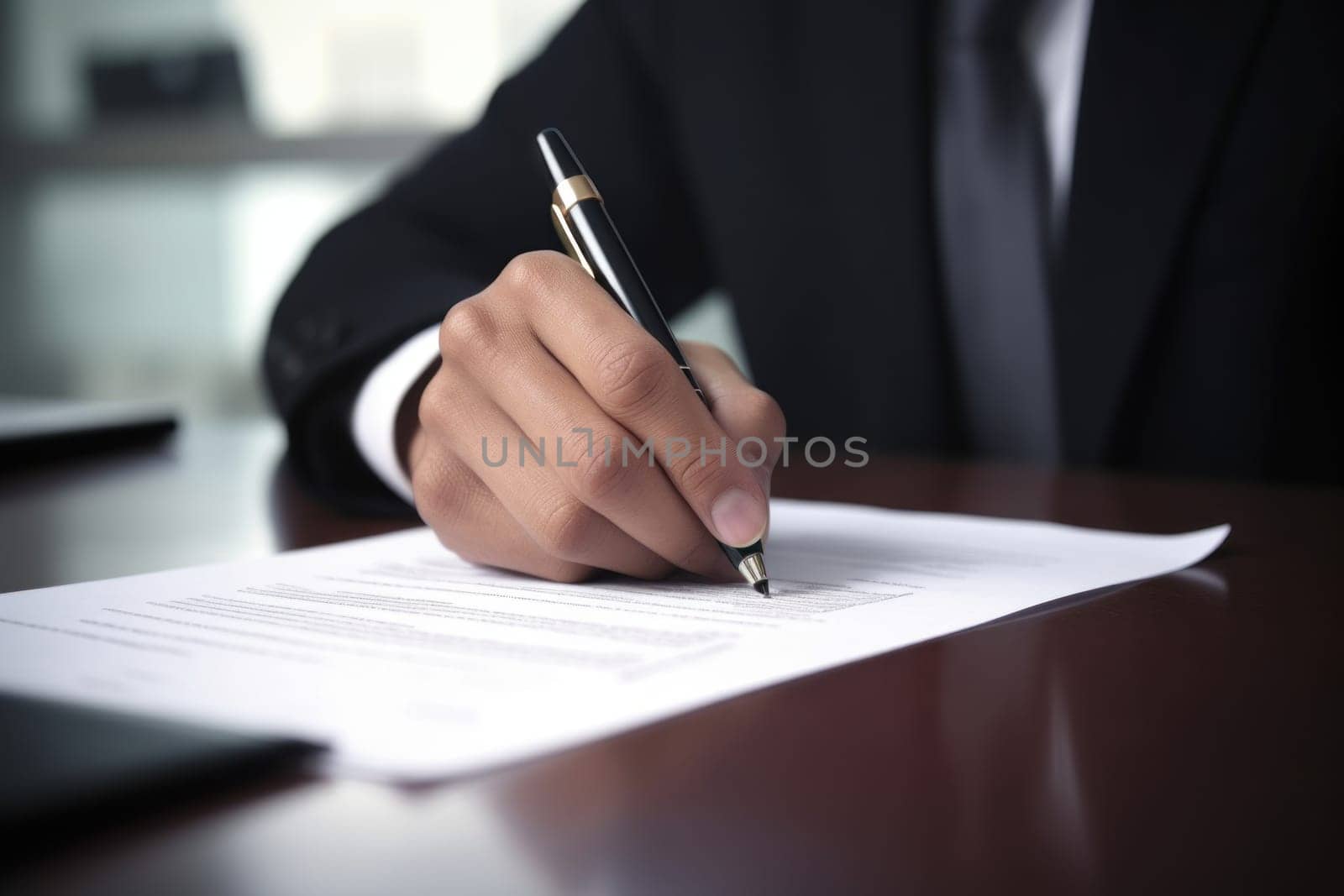 Close up a hand signing the document at the table on office room.