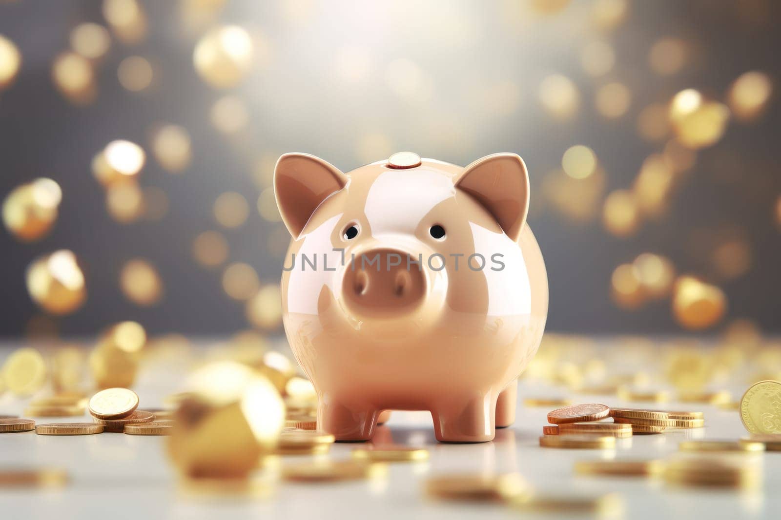 Piggy bank with falling coins. Savings and investment. Generative Ai.