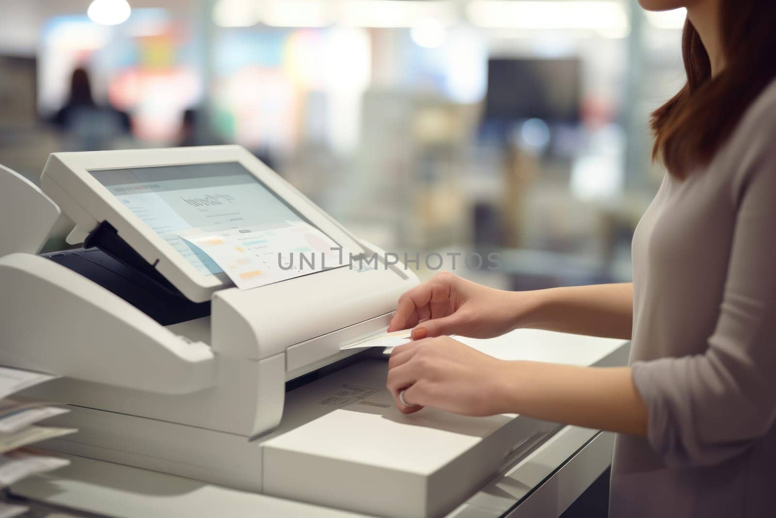 Photo of office's people using multifunction printer.