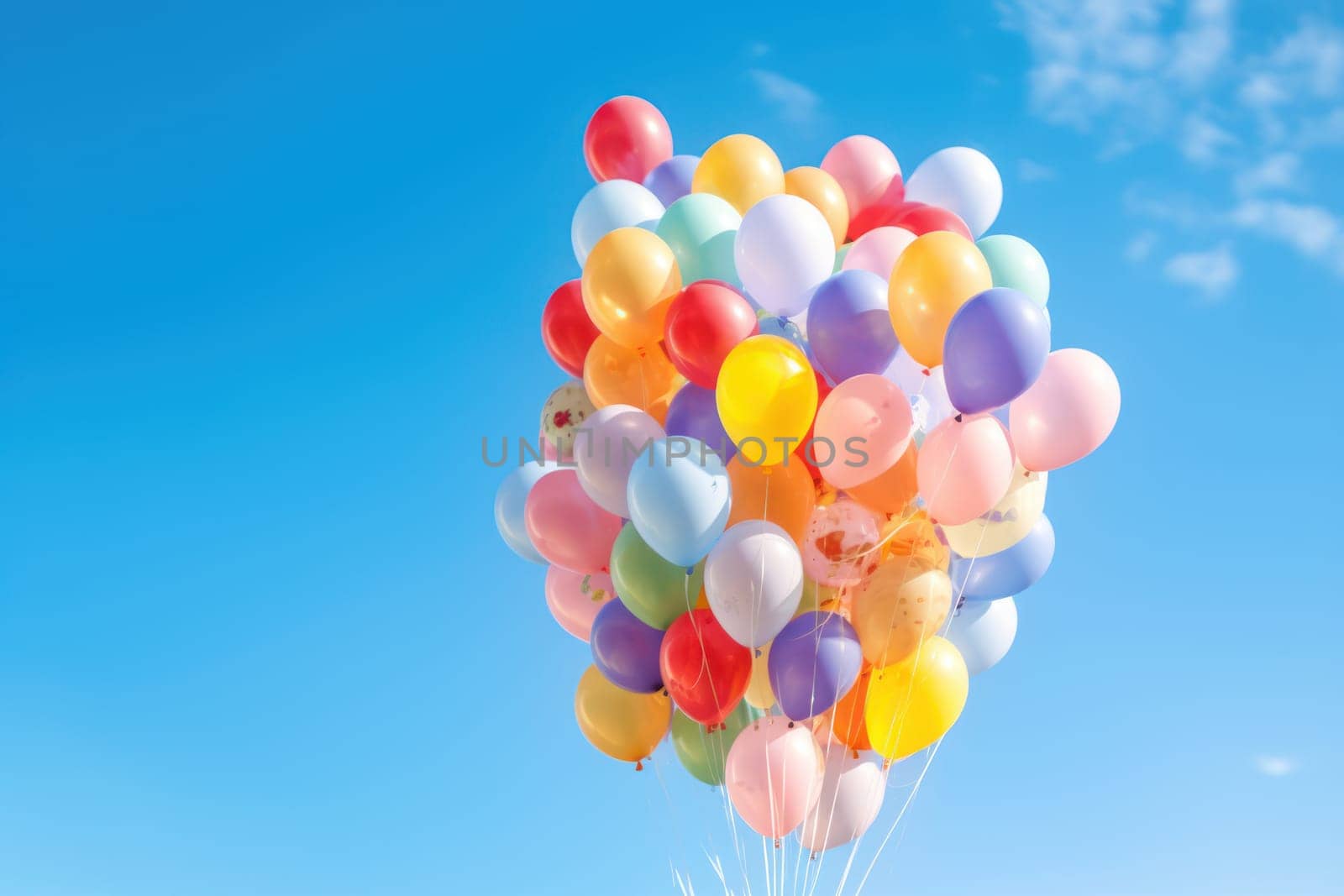 Colorful balloons floating against a clear blue sky, Generative AI.