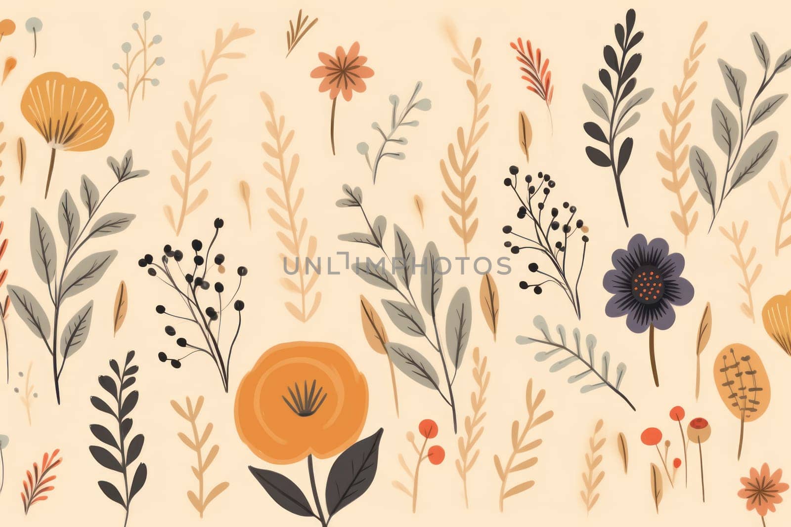 background with simple drawn flowers and fall things, Generative AI.