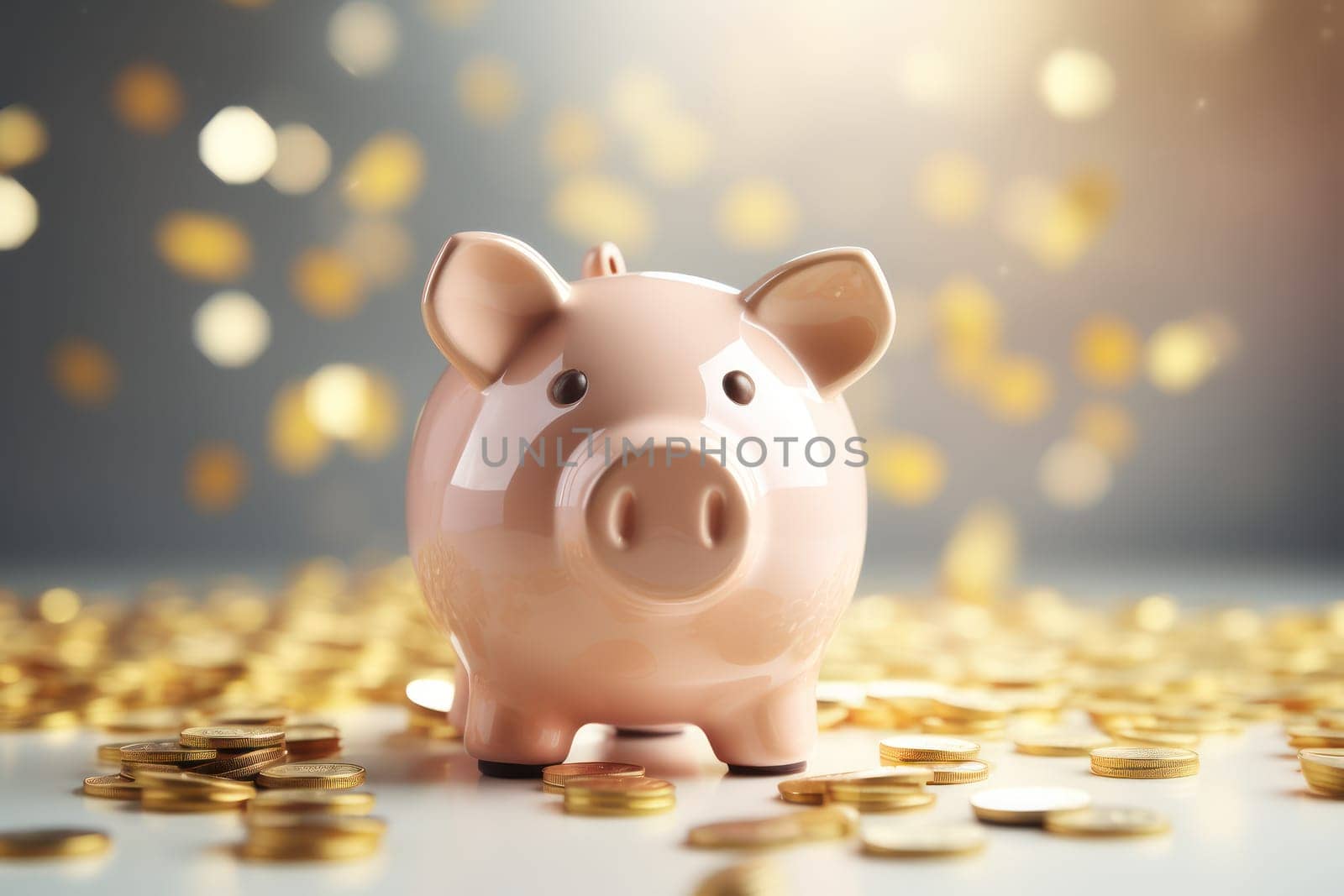 Piggy bank with falling coins. Savings and investment. Generative Ai.