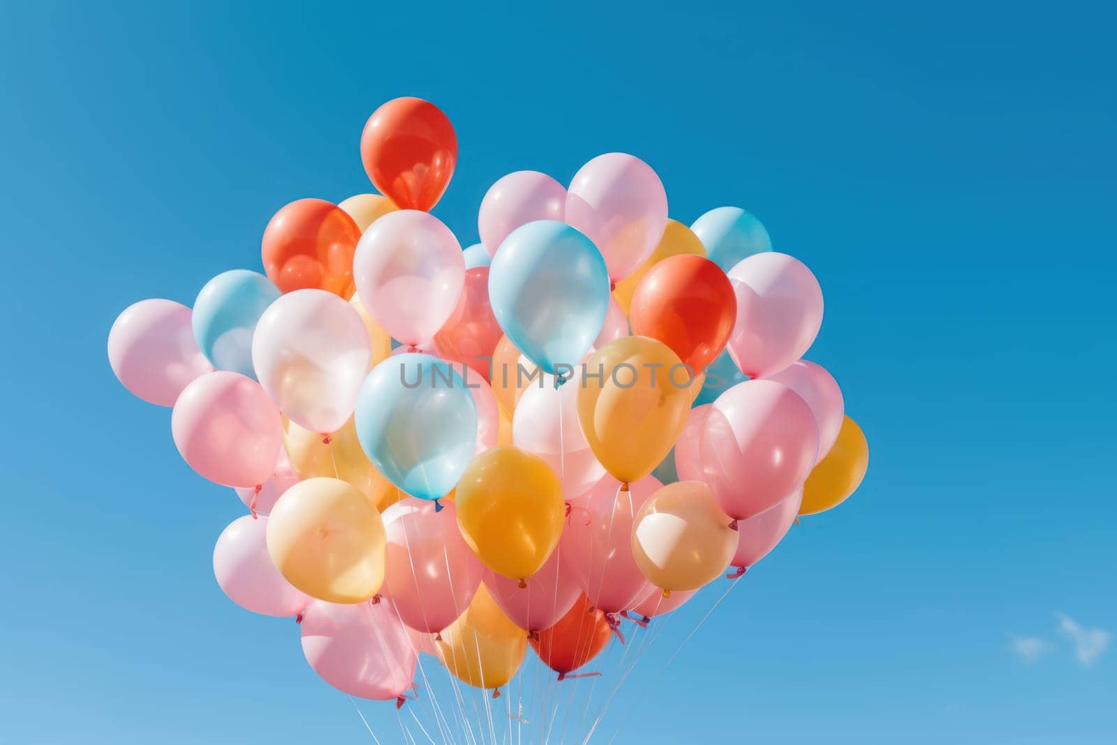 Colorful balloons floating against a clear blue sky, Generative AI.