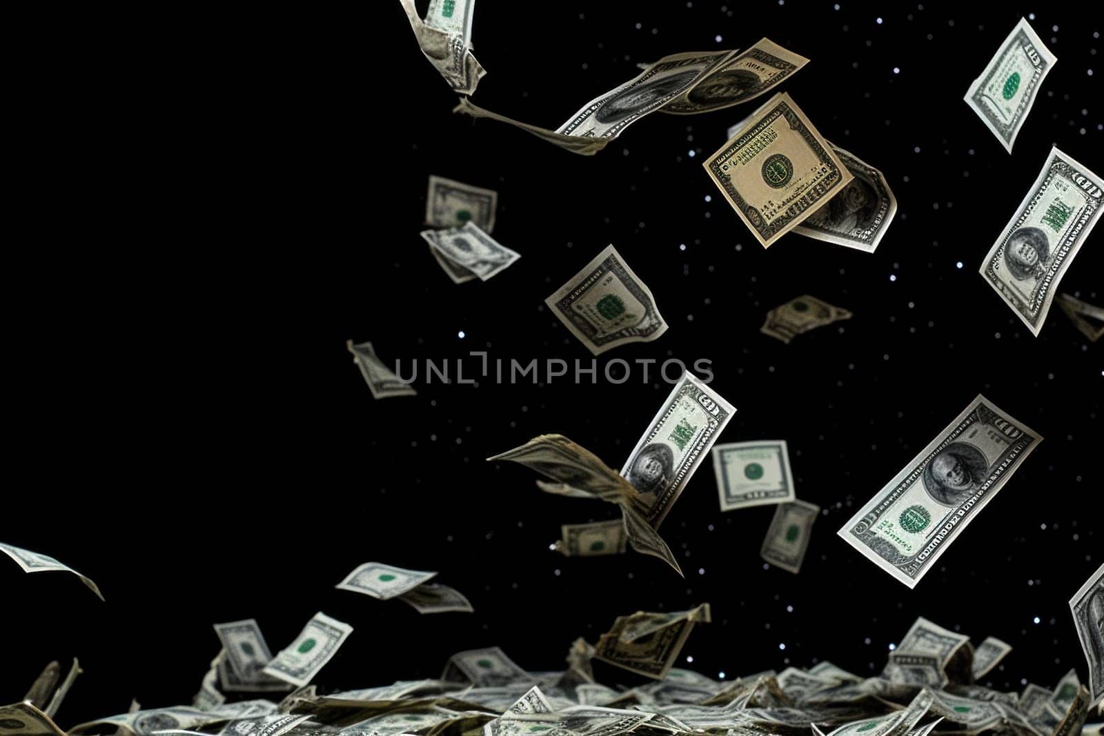 dollar bills falling with darkness background, money rain concept.