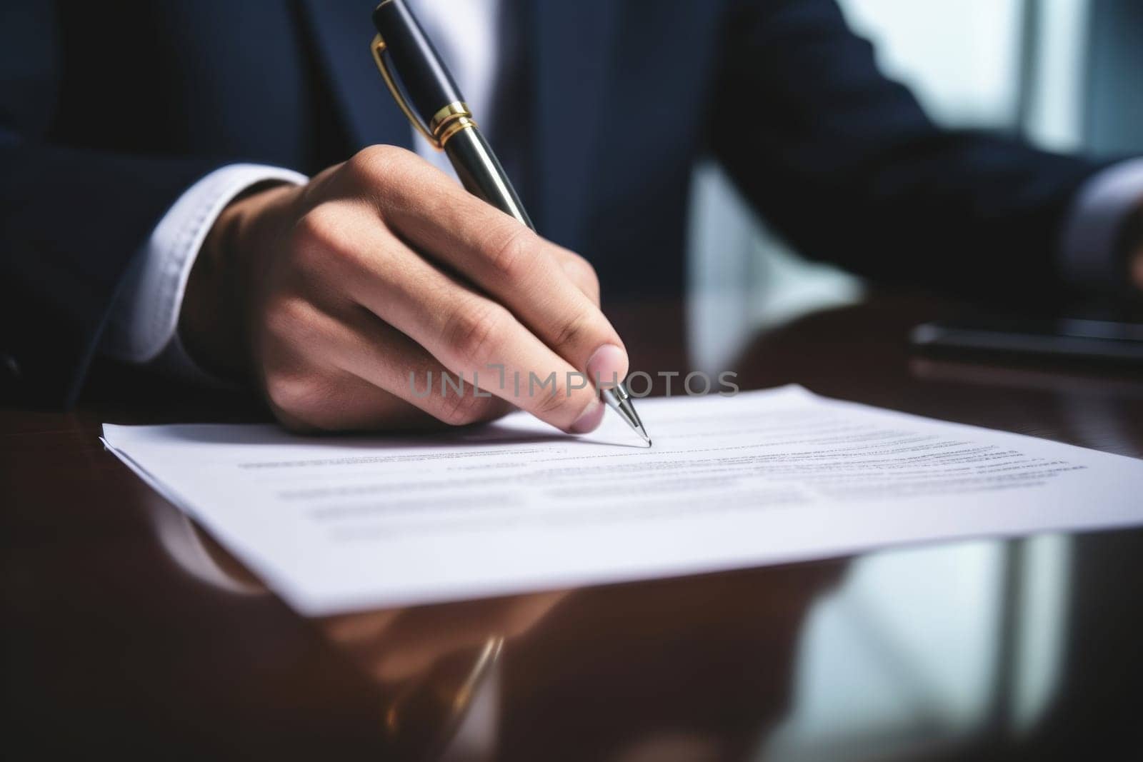 Close up a hand signing the document at the table on office room.