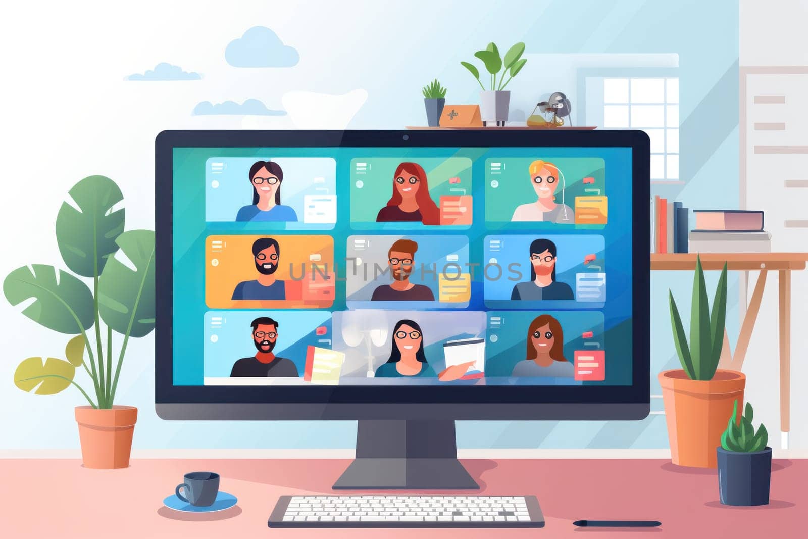 Group business team video conference meeting online concept. flat illustration cartoon character design concept, Generative AI.