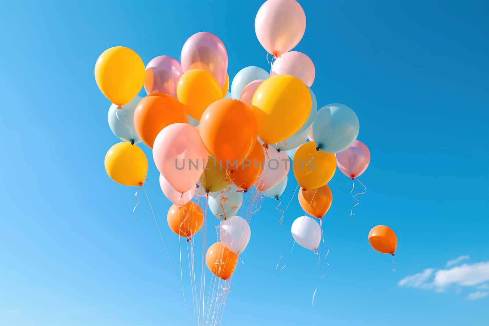 Colorful balloons floating against a clear blue sky, Generative AI.