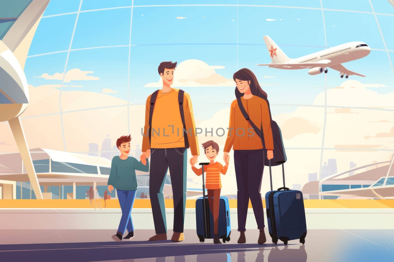 Family Trip Concept, family travel at airport,Time for family vacation, family travel at airport 2d, Generative AI.