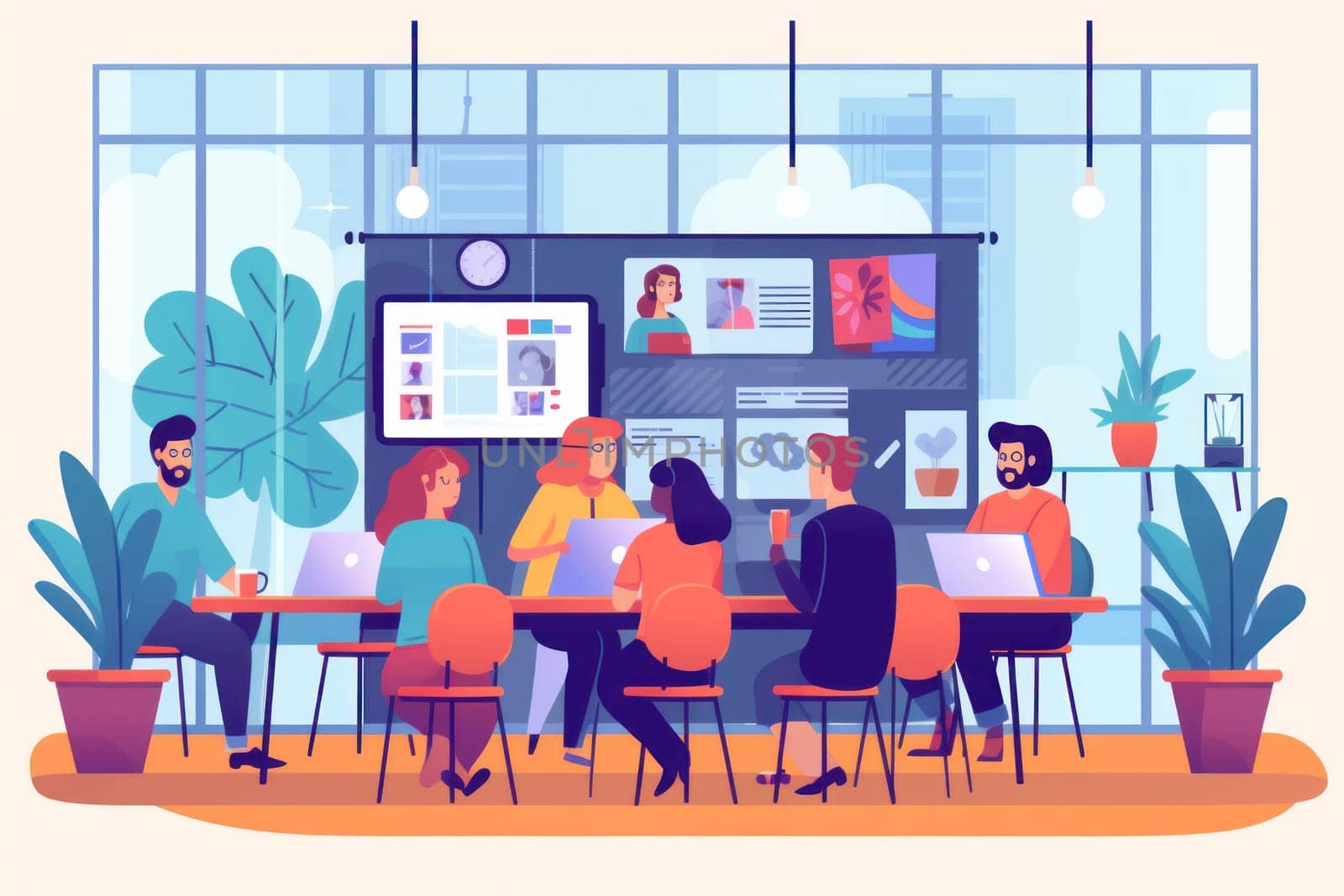 Group business team video conference meeting online concept. flat illustration cartoon character design concept, Generative AI.