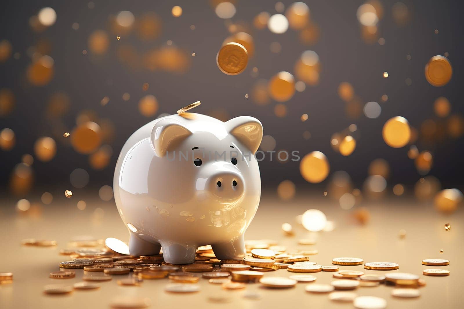 Piggy bank with falling coins. Savings and investment. Generative Ai.