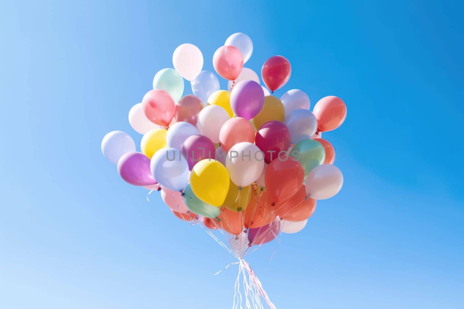 Colorful balloons floating against a clear blue sky, Generative AI.