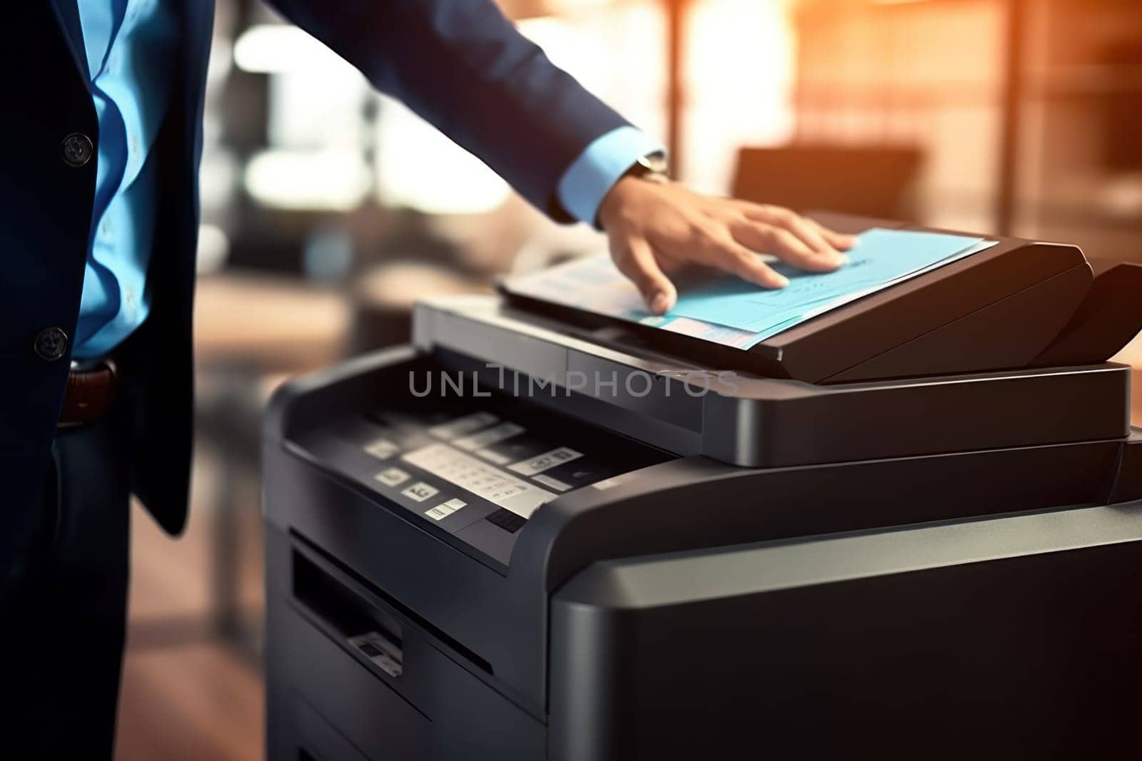 Photo of office's people using multifunction printer.