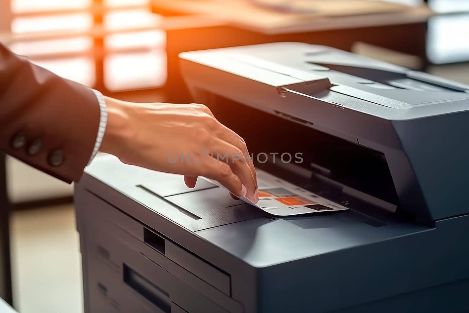 Photo of office's people using multifunction printer.