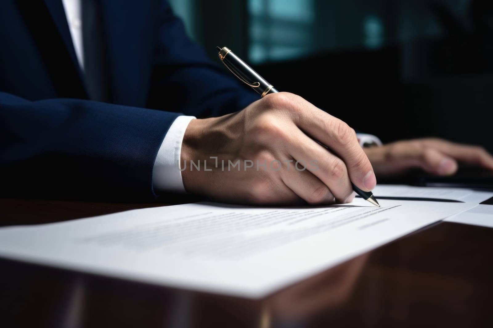 Close up a hand signing the document at the table on office room.