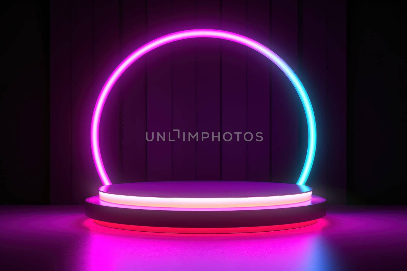 illustration of 3d rendering abstract podium neon circle tunneling lights for ecommerce signs retail by nijieimu