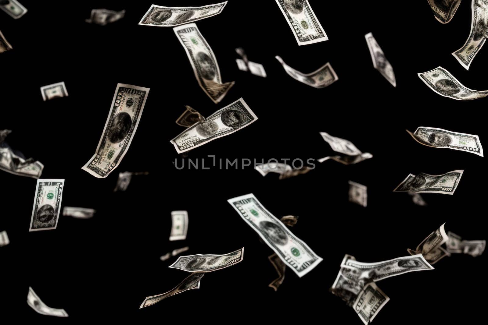 dollar bills falling with darkness background, money rain concept.