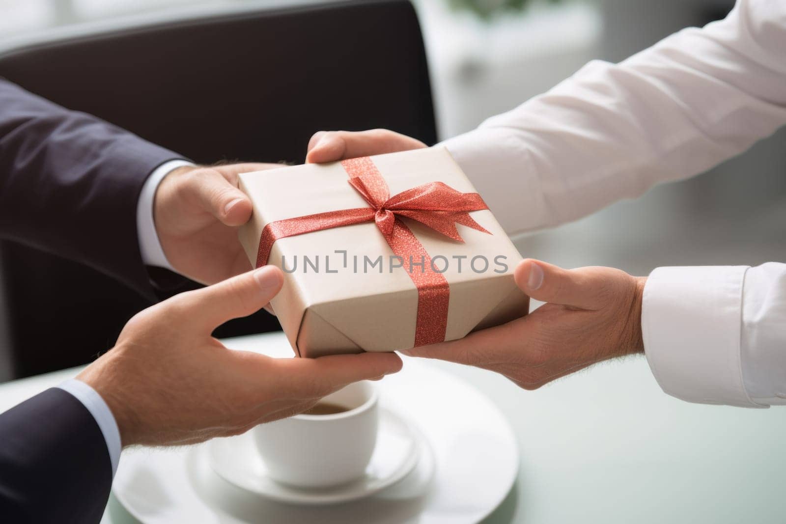 Close up view of hands Giving a business gift in an office.