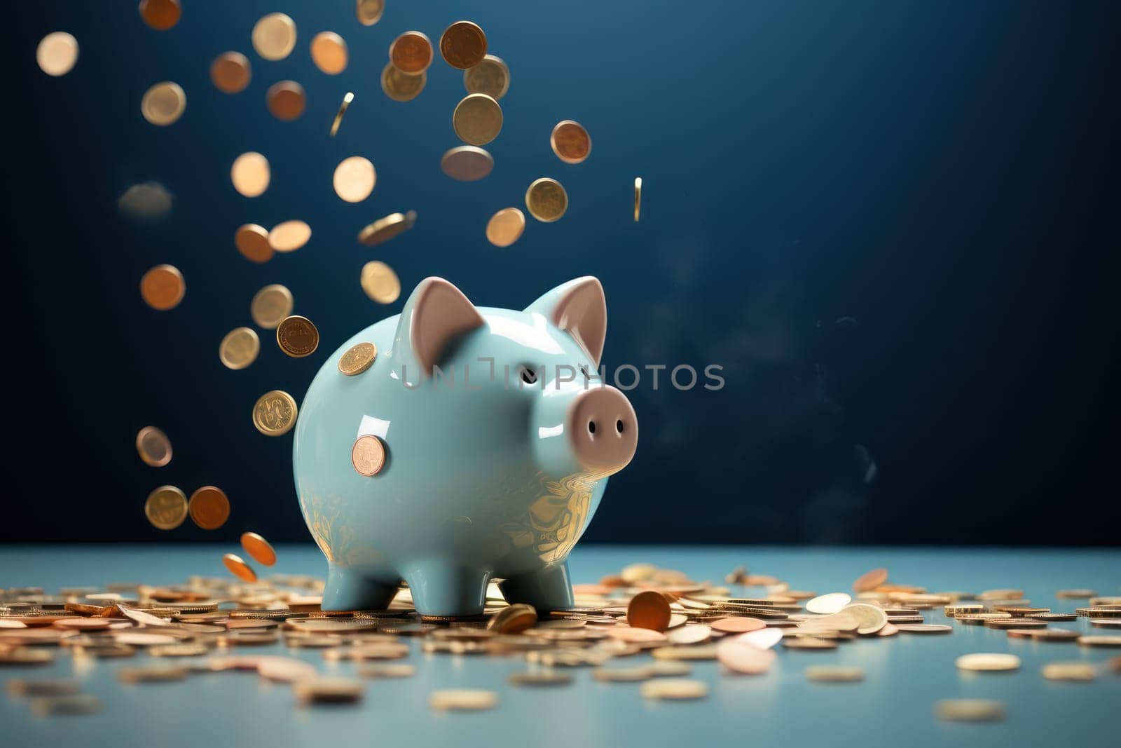Piggy bank with falling coins. Savings and investment. Generative Ai.
