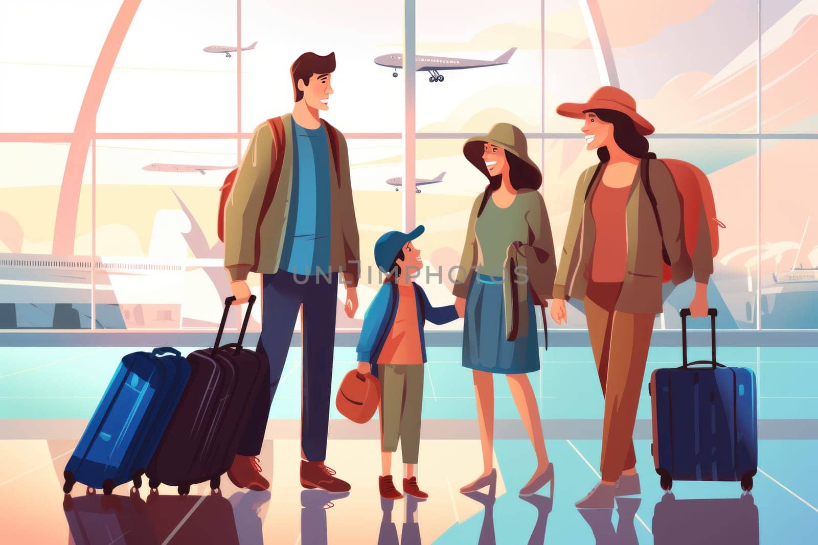 Family Trip Concept, family travel at airport,Time for family vacation, family travel at airport 2d, Generative AI.