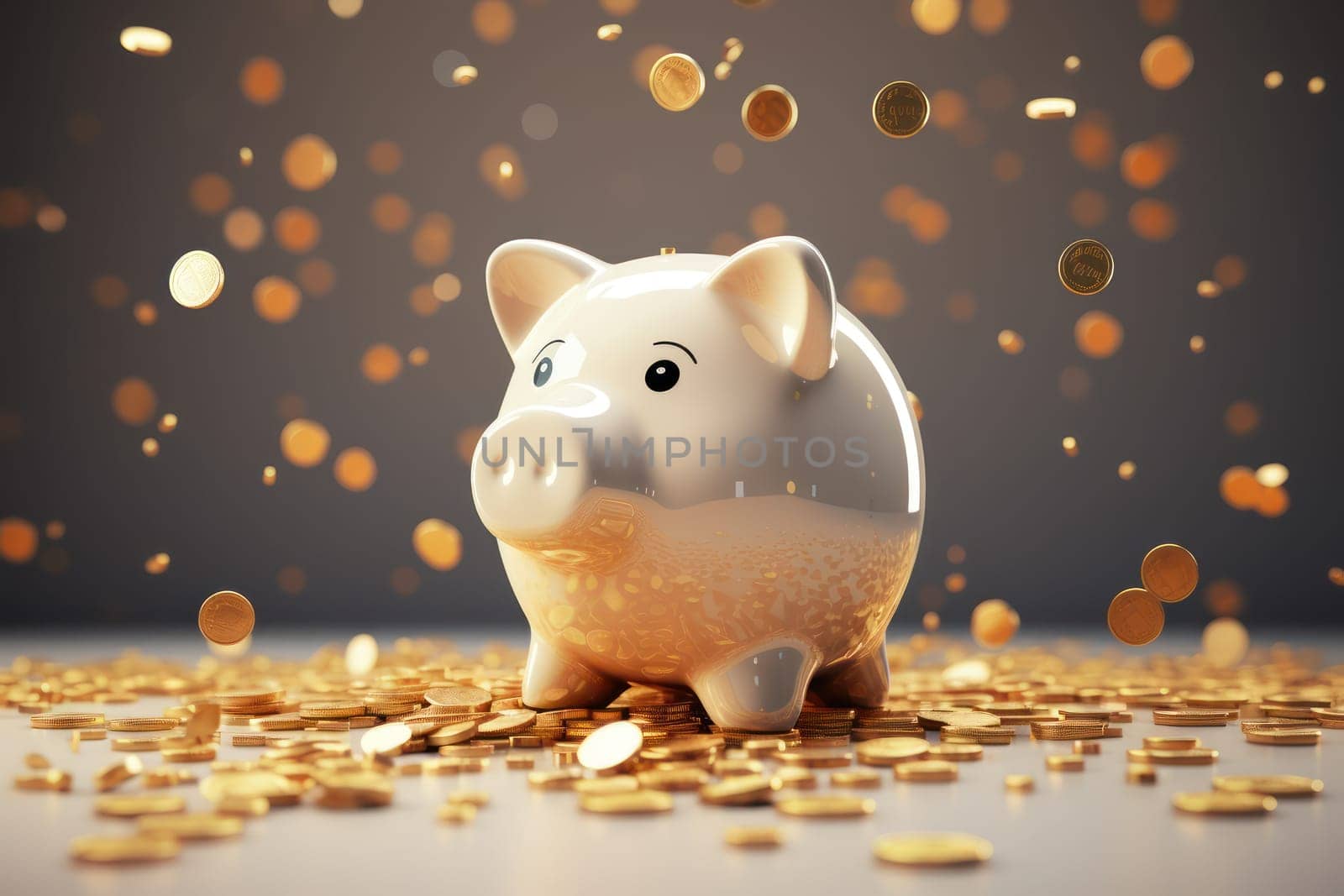 Piggy bank with falling coins. Savings and investment. Generative Ai.