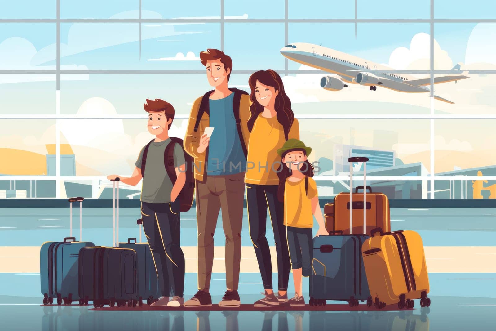 Family Trip Concept, family travel at airport,Time for family vacation, family travel at airport 2d, Generative AI.