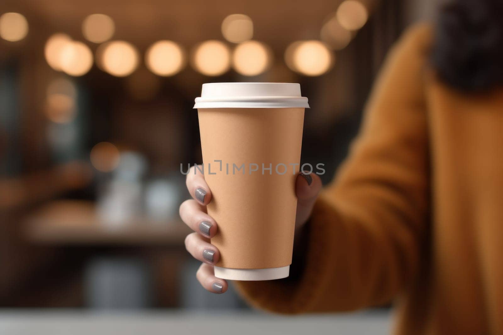 Mock up of female hand holding blank coffee paper cup for advertising.