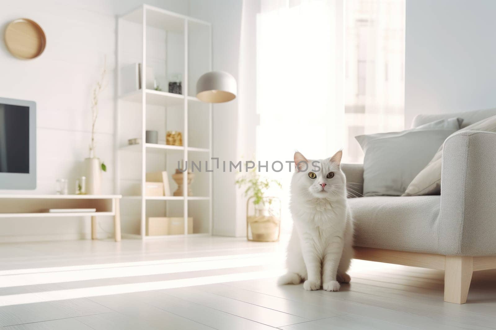 Modern living room interior Cute cat near couch Generative AI.