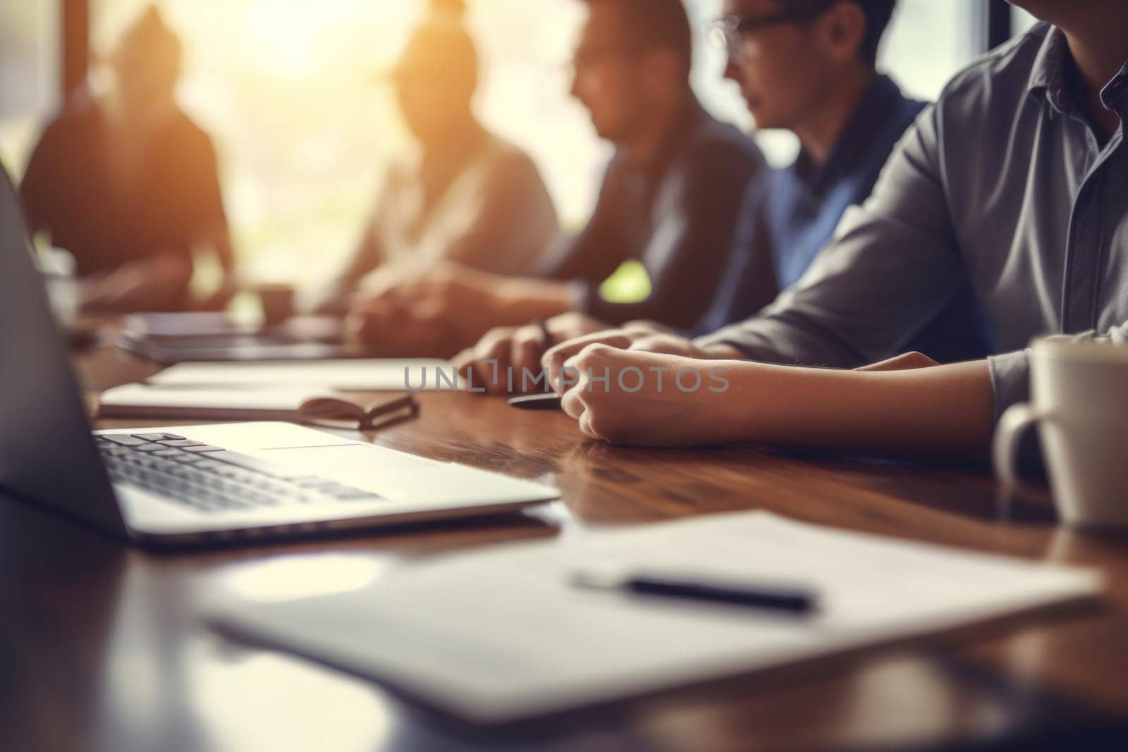 Business people having casual discussion during meeting on blurred background.