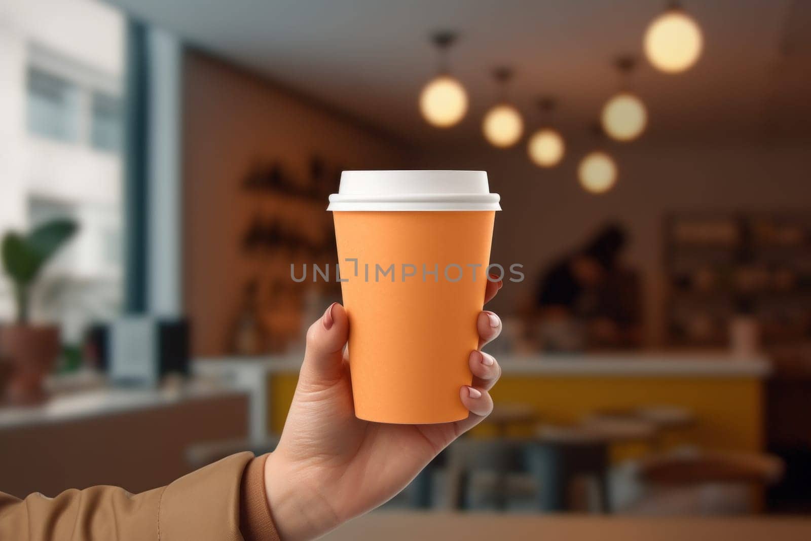 Mock up of female hand holding blank coffee paper cup for advertising.