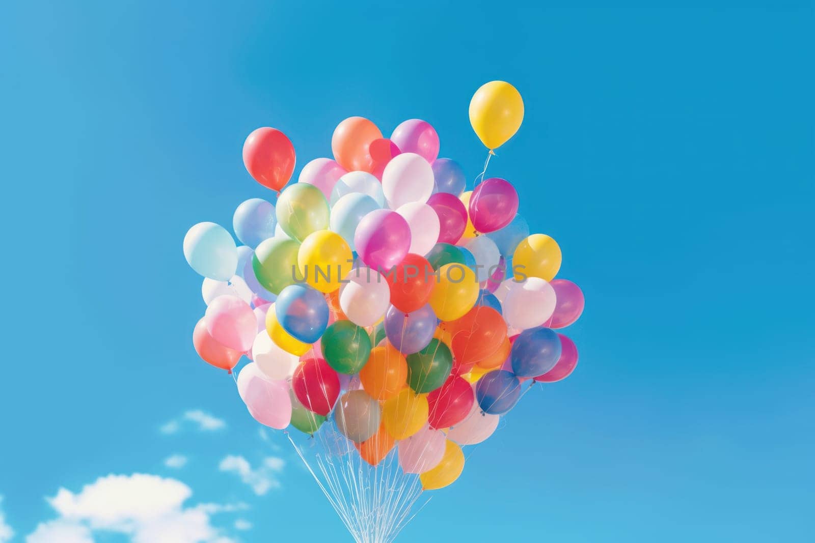 Colorful balloons floating against a clear blue sky, Generative AI.