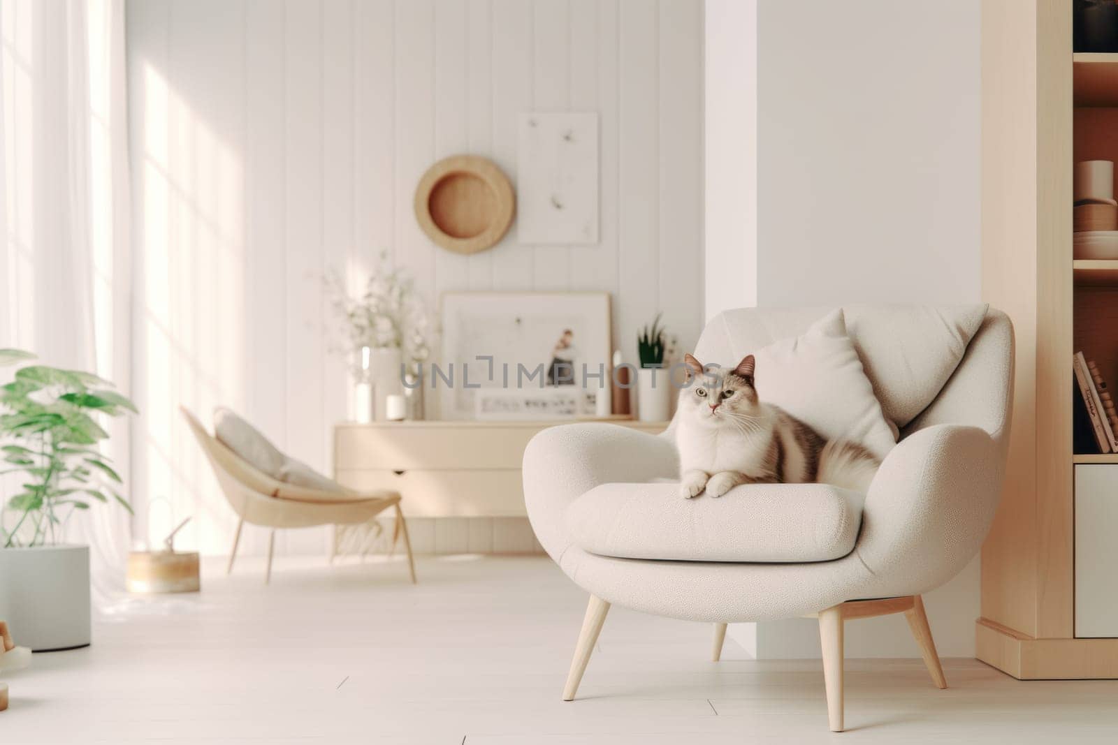 Modern living room interior Cute cat near couch Generative AI.