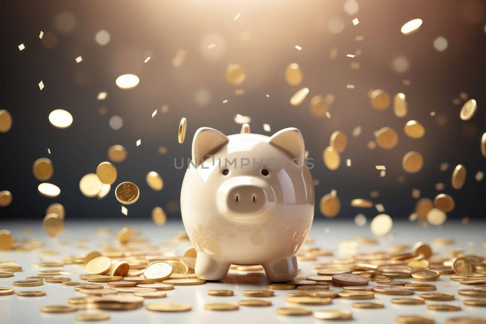 Piggy bank with falling coins. Savings and investment. Generative Ai.