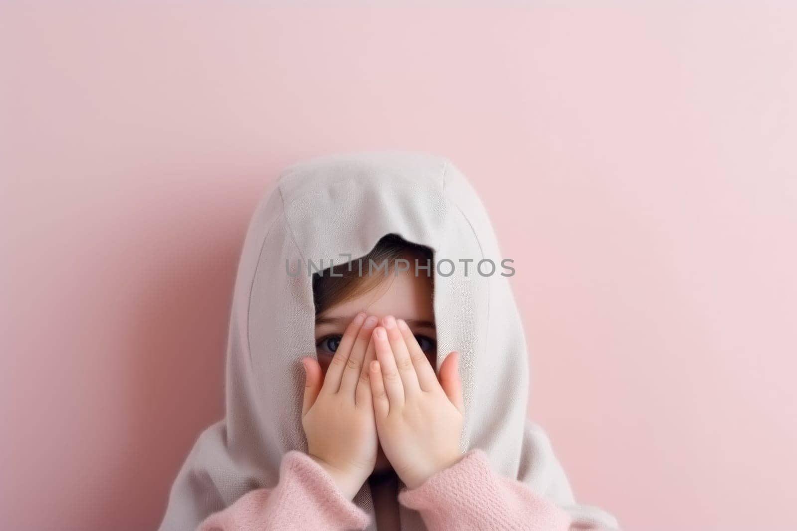 Portrait Little scared or crying or playing bo-peep girl hiding face.