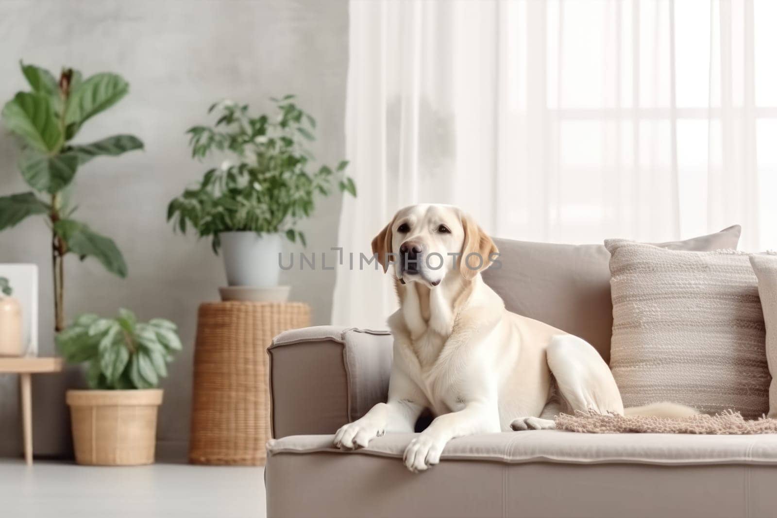 Modern living room interior Cute Golden Labrador Retriever near couch Generative AI.