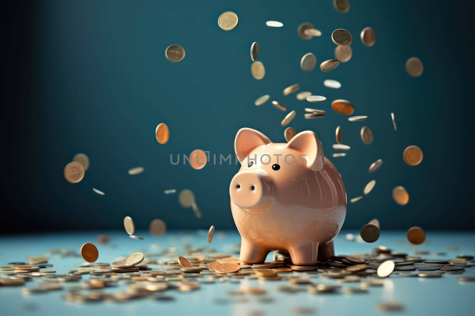 Piggy bank with falling coins. Savings and investment. Generative Ai.