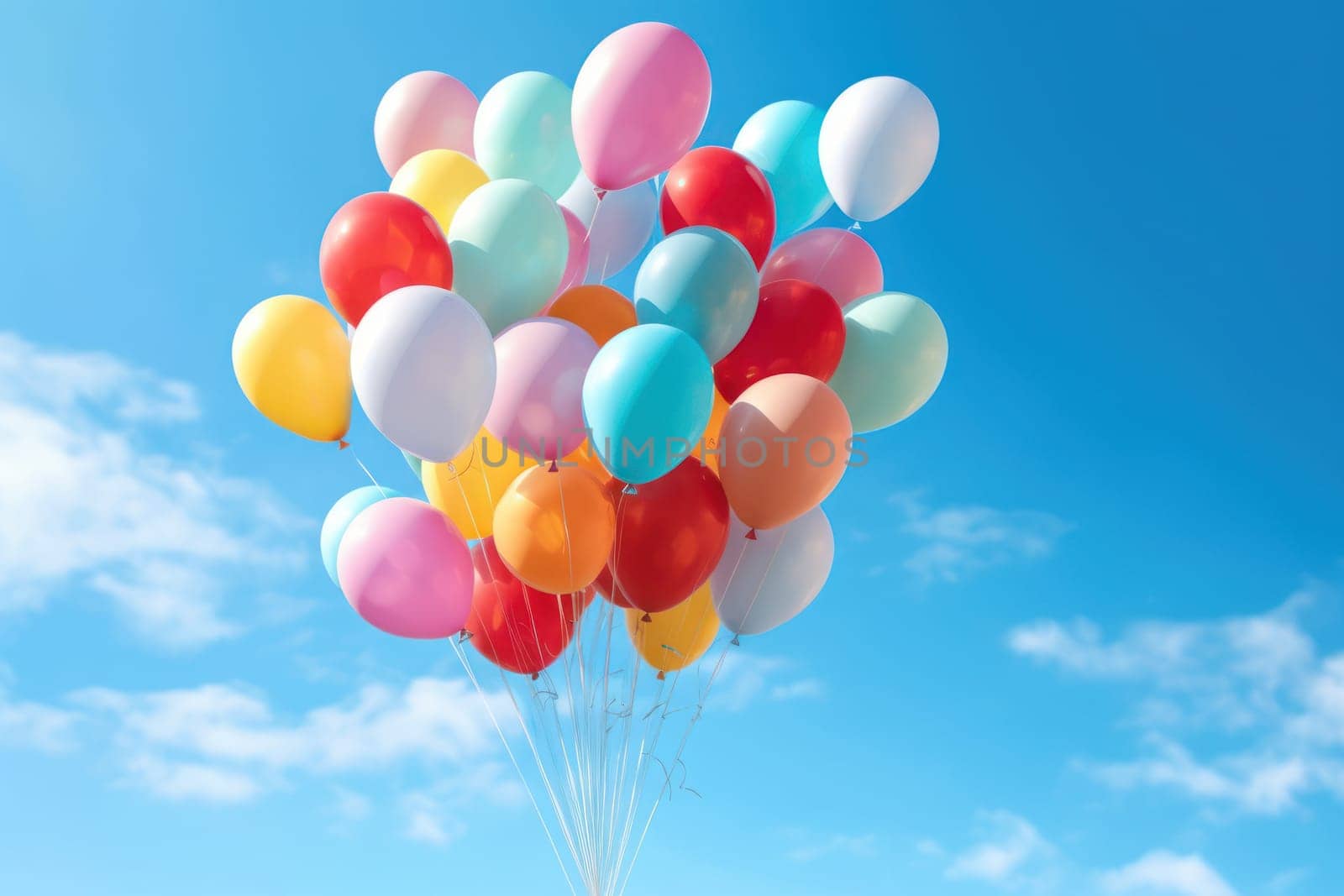 Colorful balloons floating against a clear blue sky, Generative AI.