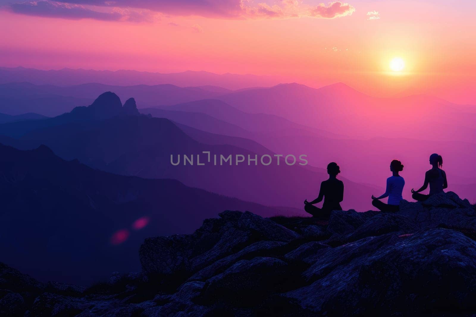 Group of people practicing yoga poses at sunrise on a mountain peak above the clouds, symbolizing peace and mindfulness. Resplendent.