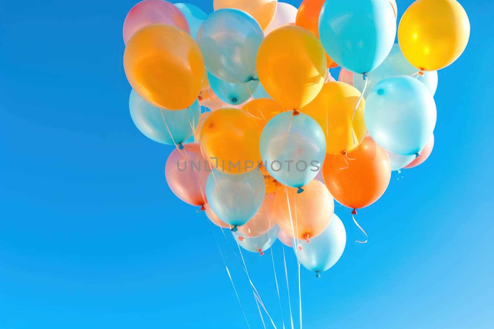 Colorful balloons floating against a clear blue sky, Generative AI.