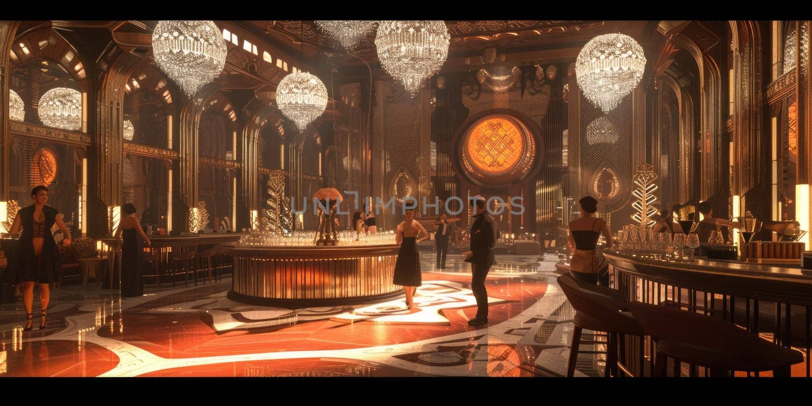 An art deco inspired ballroom from the 1920s, with elegant dancers. Resplendent. by biancoblue