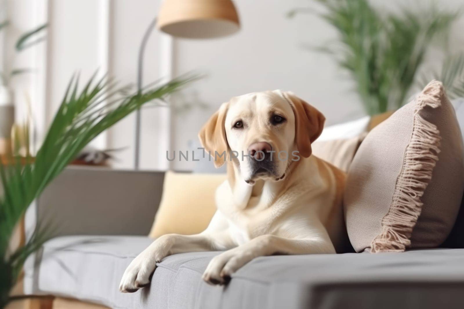 Modern living room interior Cute Golden Labrador Retriever near couch Generative AI.