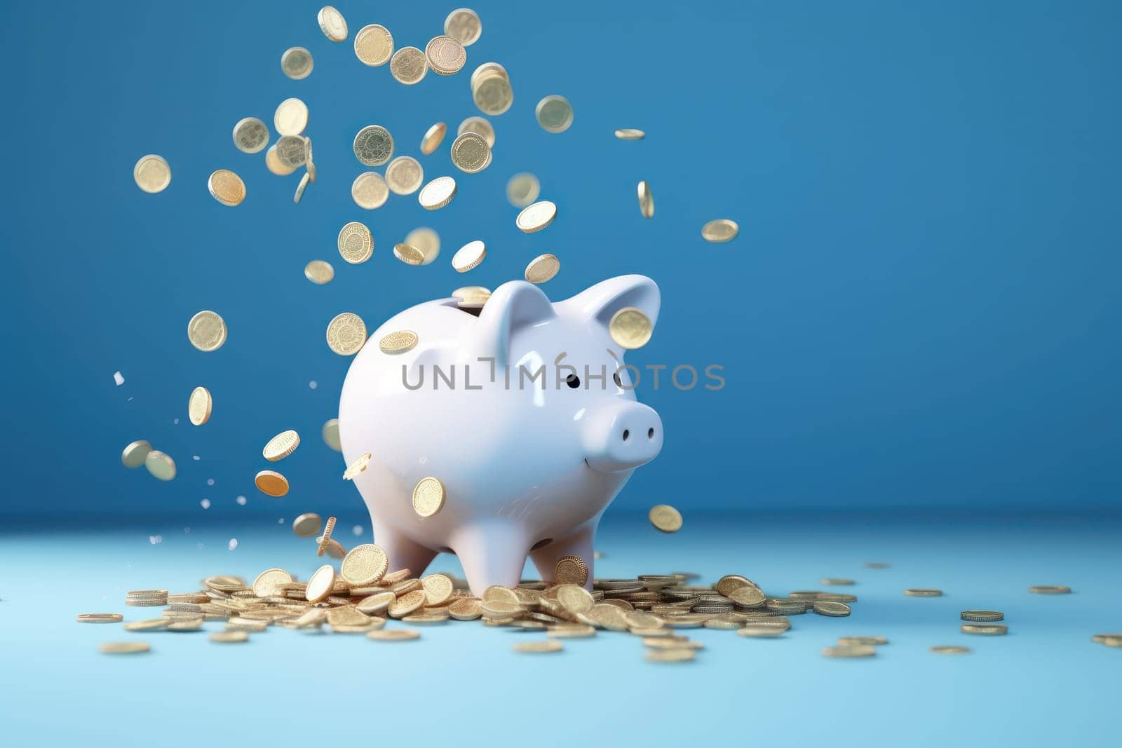 Piggy bank with falling coins. Savings and investment. Generative Ai.