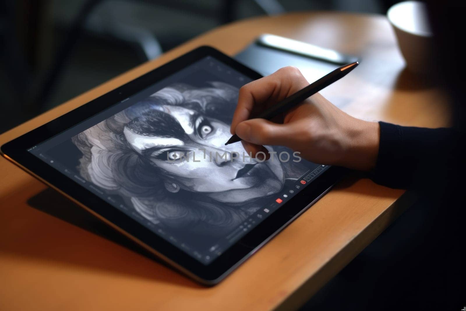 Close up of a Graphic Designer hand drawing on a digital tablet.