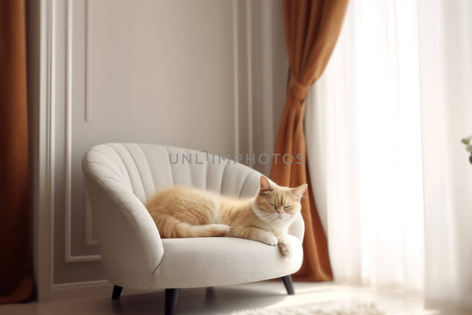 Modern living room interior Cute cat near couch Generative AI.