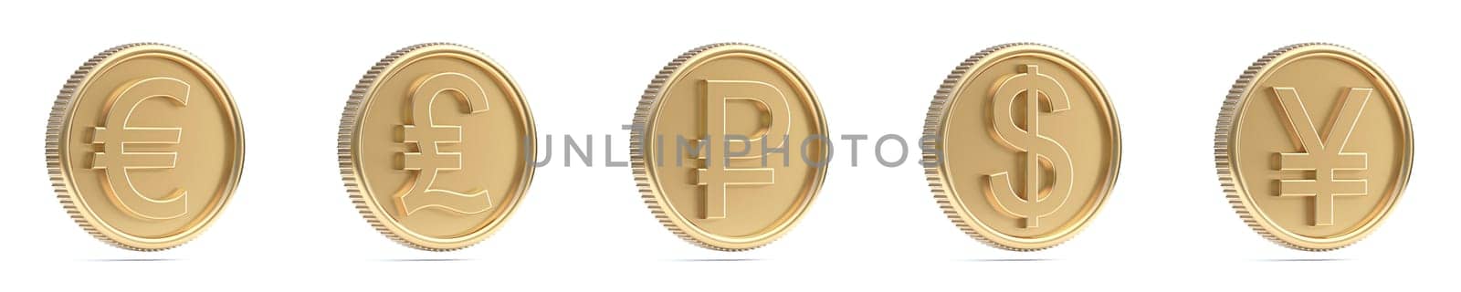 Golden coins currencies signs 3D rendering illustration isolated on white background