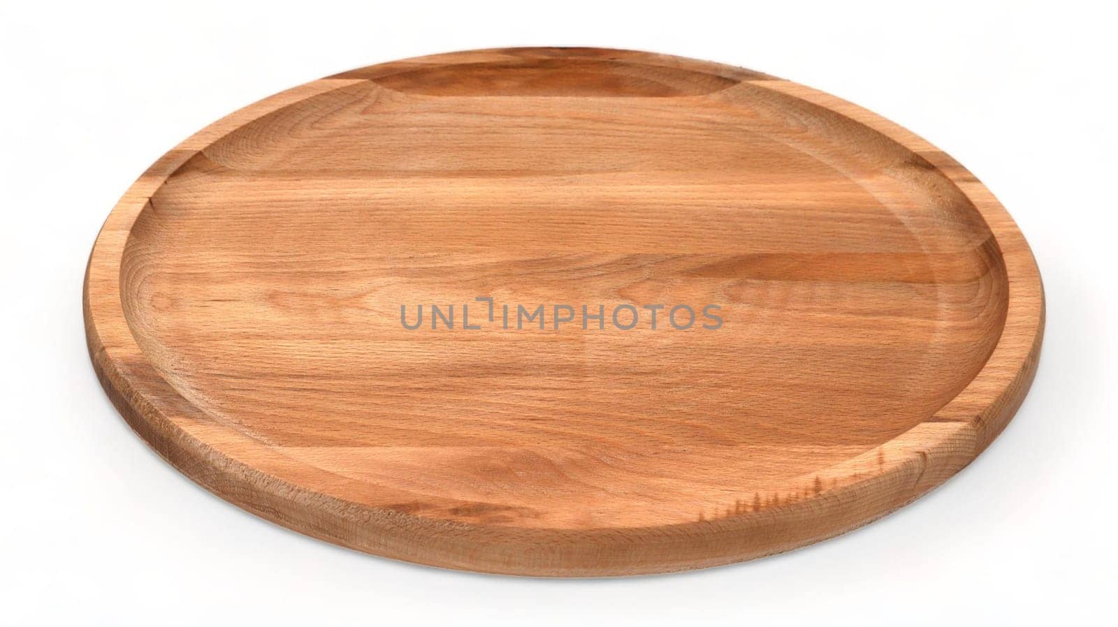 Top view and perspective of empty round wooden plate on white background. Space for branding, text or menu. Business food brand template. Layout. Cooking food. Culinary background