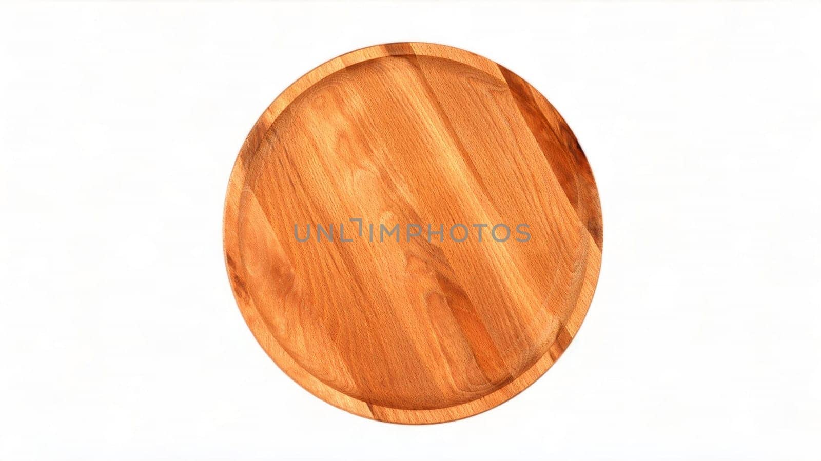 Top view and perspective of empty round wooden plate on white background. Space for branding, text or menu. Business food brand template. Layout. Cooking food. Culinary background. Flat layout